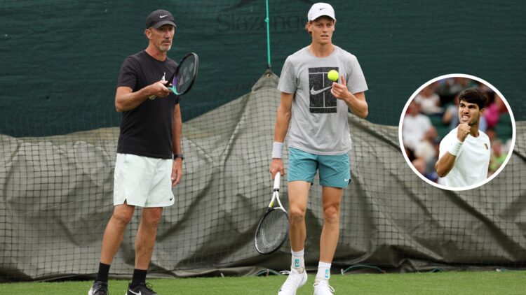 Main: Darren Cahill coaching Jannik Sinner. Inset bottom right: Carlos Alcaraz fist pumps in celebration