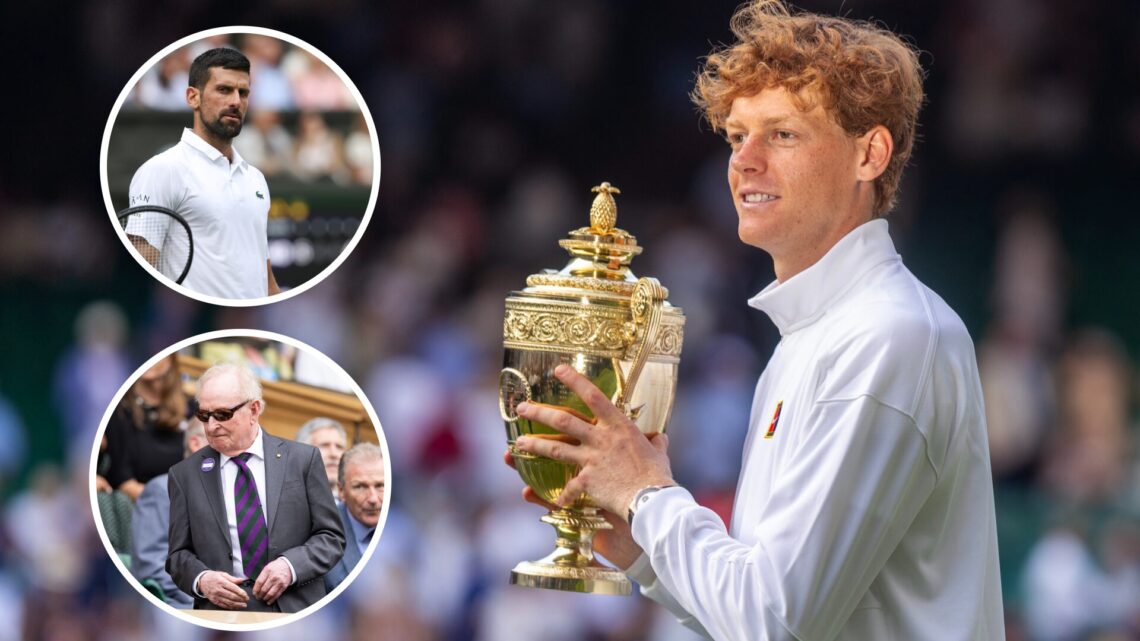Main: Jannik Sinner poses with the Wimbledon trophy. Inset top left: Novak Djokovic looks directly at the camera. Inset bottom left: Rod Laver at W...