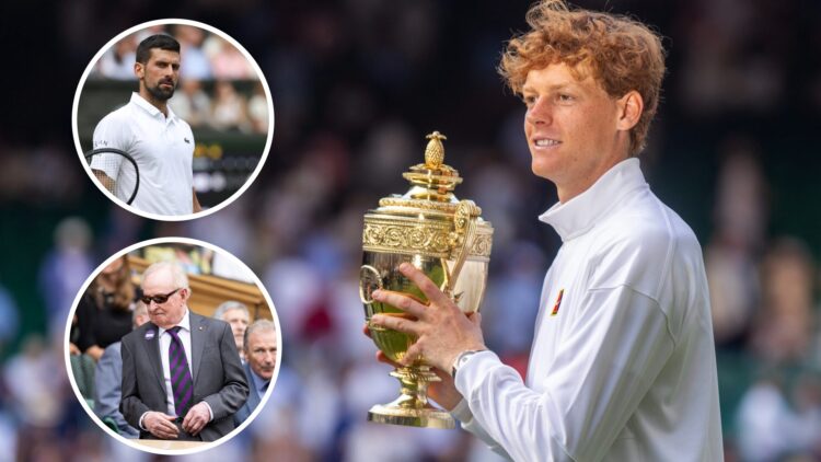 Main: Jannik Sinner poses with the Wimbledon trophy. Inset top left: Novak Djokovic looks directly at the camera. Inset bottom left: Rod Laver at W...