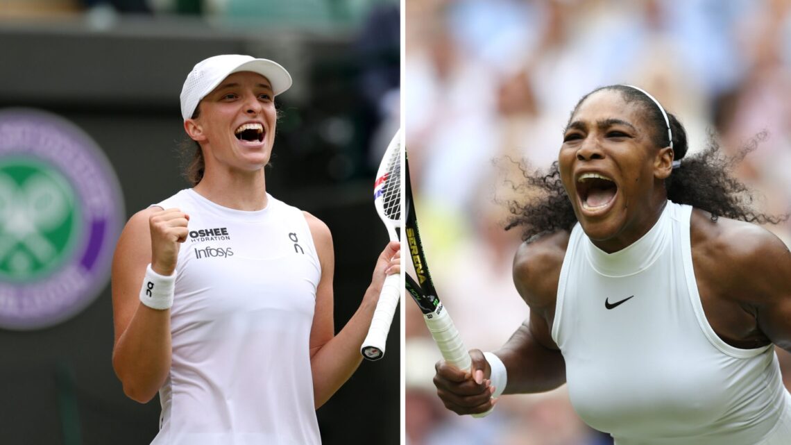 Main left: Iga Swiatek celebrates at Wimbledon. Main right: Serena Williams celebrates at Wimbledon.