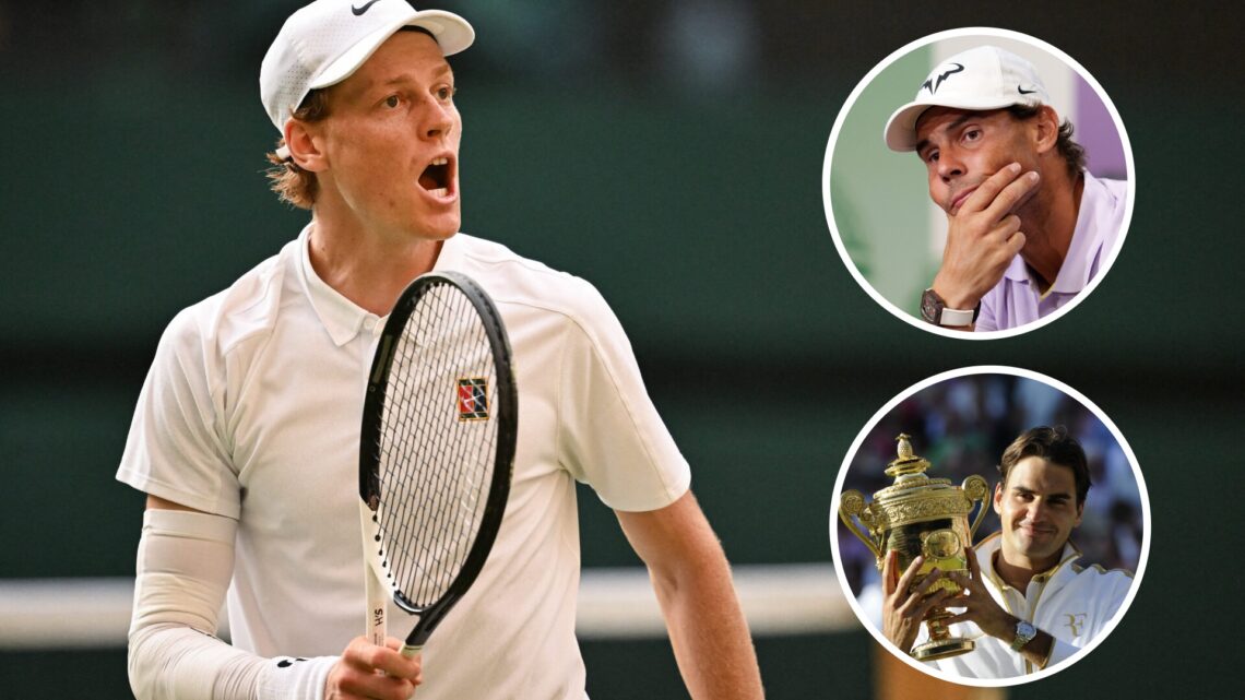 Main left: Jannik Sinner celebrates a point at Wimbledon. Inset top right: Rafael Nadal deep in thought at a Wimbledon press conference. Inset bott...