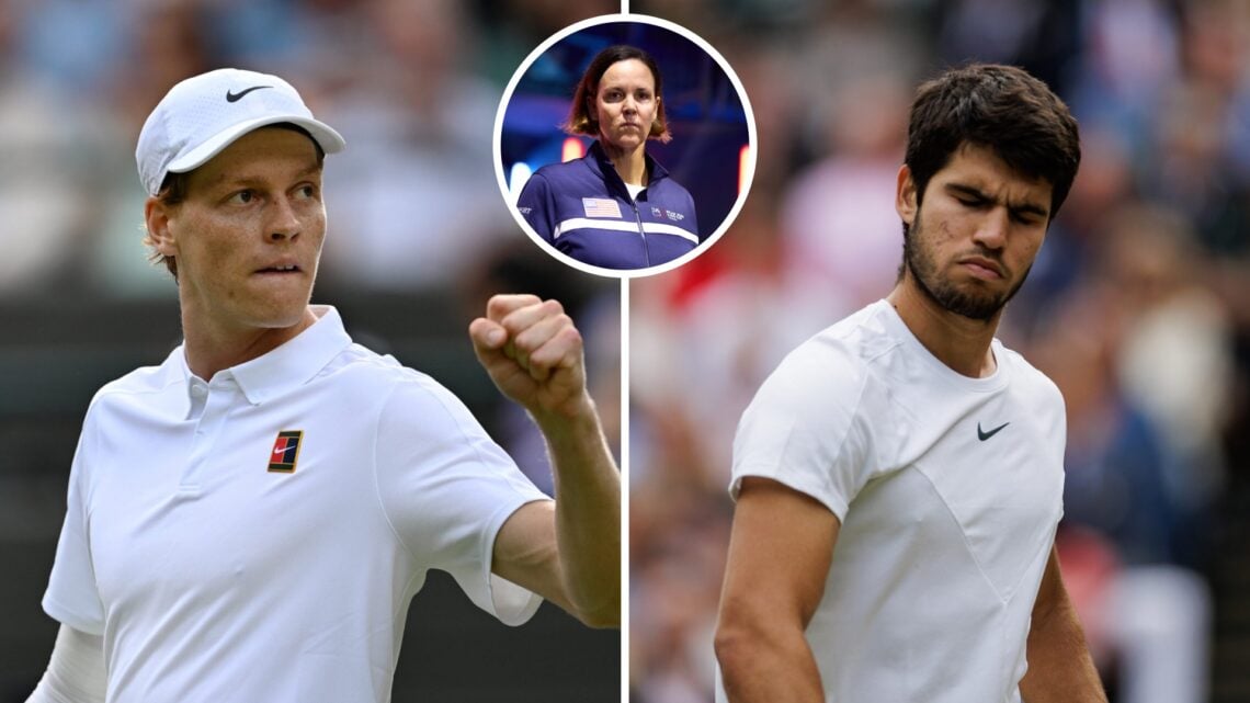 Main left: Jannik Sinner fist pumps in celebration. Main right: Carlos Alcaraz looking frustrated. Inset top: Lindsay Davenport looks into the camera.