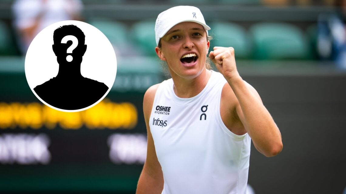 Main: Iga Swiatek fist pumps in celebration during a match at Wimbledon. Inset top left: Mystery overlay.