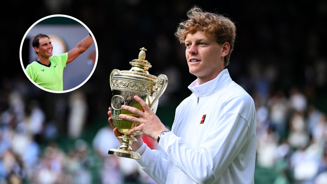 Main: Jannik Sinner poses with the Wimbledon trophy. Inset top left: Rafael Nadal raises his arm in celebration.