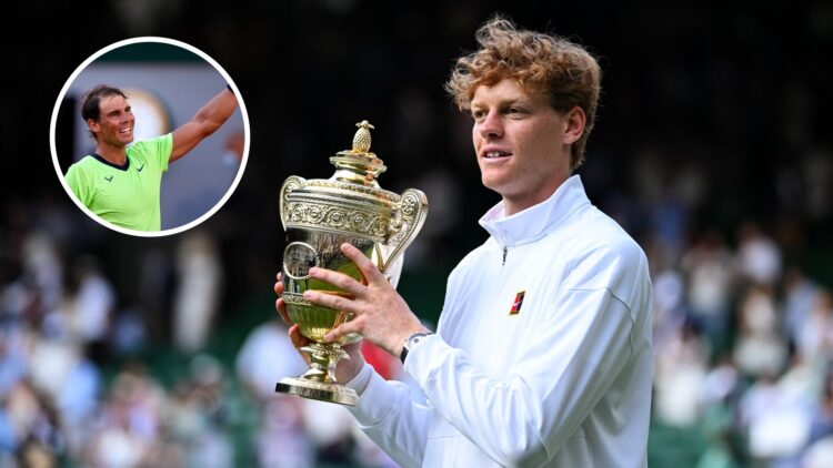 Main: Jannik Sinner poses with the Wimbledon trophy. Inset top left: Rafael Nadal raises his arm in celebration.