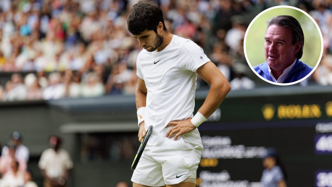 Main: Carlos Alcaraz looking forlorn at Wimbledon. Inset top right: Jimmy Connors speaking.