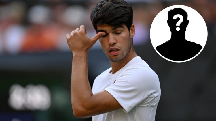 Main: Carlos Alcaraz looking frustrated at Wimbledon. Inset top right: Mystery overlay.