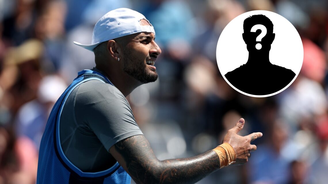 Main: Nick Kyrgios looks confused. Inset top right: Mystery Overlay.