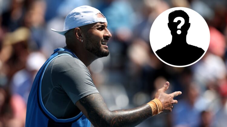 Main: Nick Kyrgios looks confused. Inset top right: Mystery Overlay.