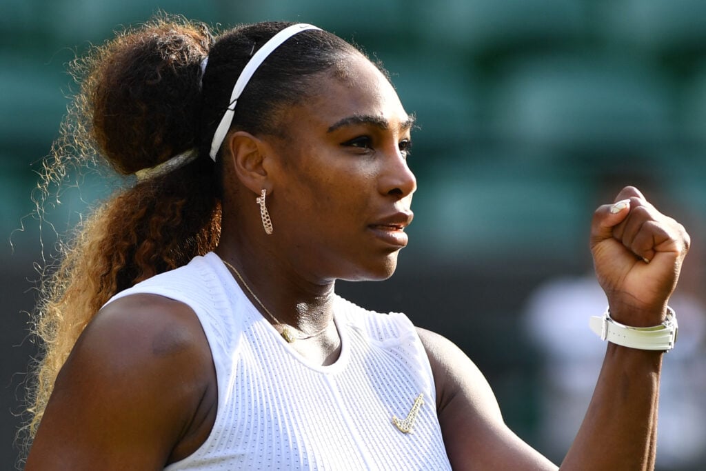 US player Serena Williams celebrates after beating Slovakia's Kaja Juvan during their women's singles second round match on the fourth day of the 2019 Wimbledon Championships at The All England Lawn Tennis Club in Wimbledon, southwest London, on July 4, 2019.