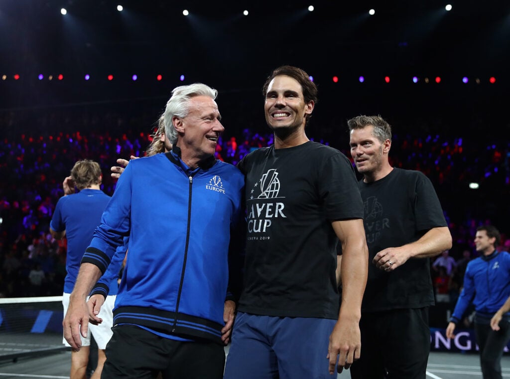 Rafael Nadal of Spain and Bjorn Borg captain celebrate during the 2019 Laver Cup