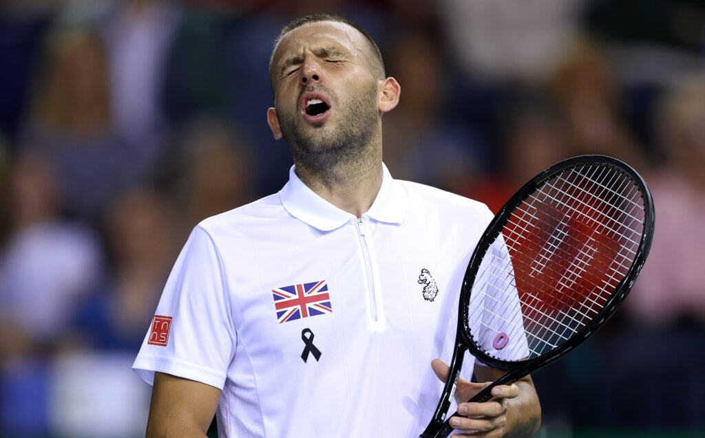 Dan Evans of Great Britain shows frustration in the third set during the Davis Cup Group D match between United States and Great Britain at Emirates Arena on September 14, 2022 in Glasgow, Scotland.