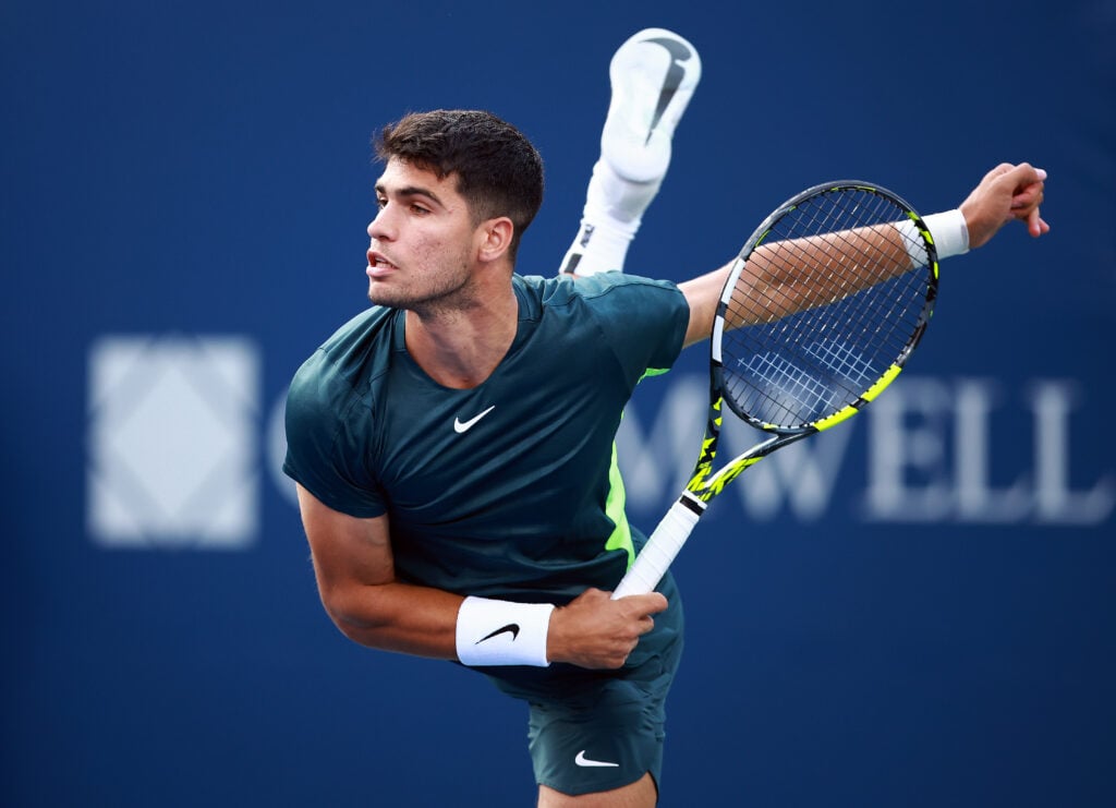 Carlos Alcaraz of Spain serves against Ben Shelton of the United States during Day Three of the National Bank Open, part of the Hologic ATP Tour at Sobeys Stadium on August 9, 2023 in Toronto, Canada.