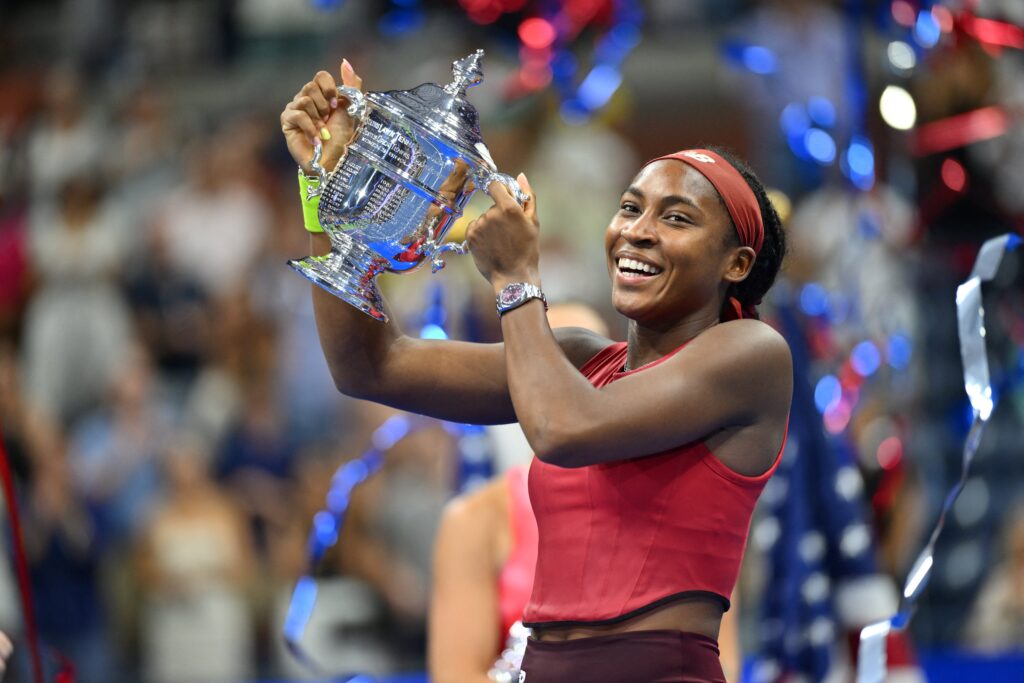 USA's Coco Gauff poses with the trophy after defeating Belarus's Aryna Sabalenka in the US Open tennis tournament women's singles final match at the USTA Billie Jean King National Tennis Center in New York on September 9, 2023.