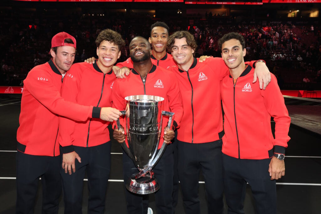 Tommy Paul, Ben Shelton, Frances Tiafoe, Felix Auger-Aliassime, Taylor Fritz and Francisco Cerundolo pose with the Laver Cup trophy