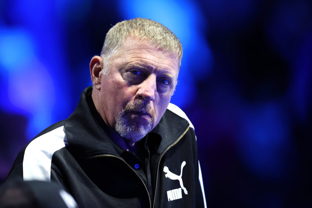 Boris Becker, Coach of Holger Rune of Denmark looks on during the Men's Singles Round Robin match between Jannik Sinner of Italy and Holger Rune of Denmark on day five of the Nitto ATP Finals at Pala Alpitour on November 16, 2023 in Turin, Italy.