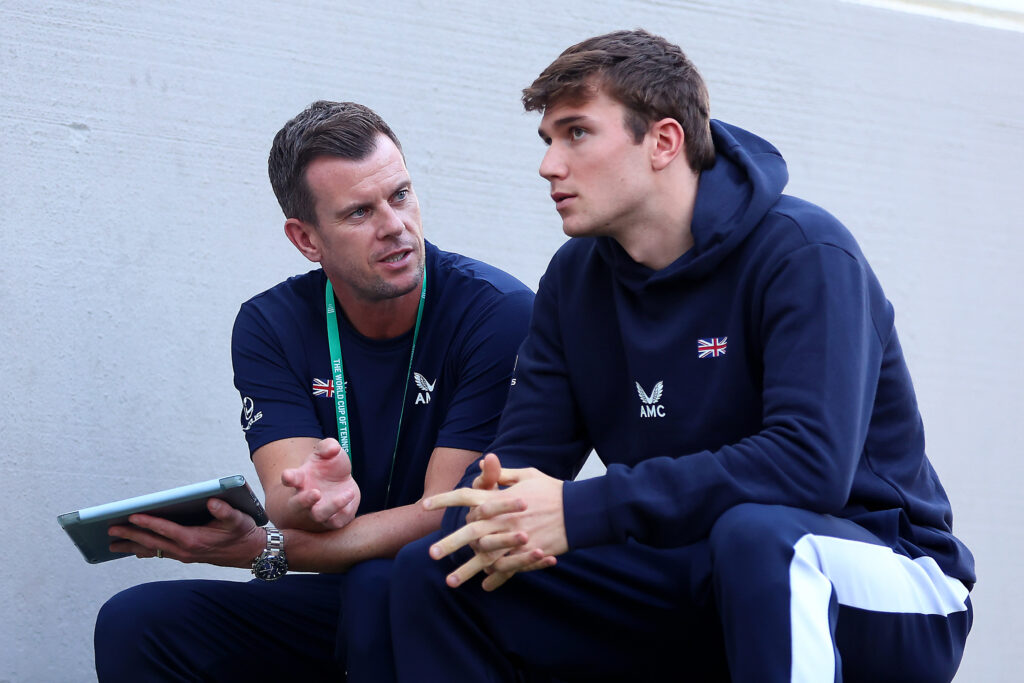 Great Britain Davis Cup Captain and LTA Head of Men’s Tennis, Leon Smith (L) talks to Jack Draper in the gym prior to the Davis Cup Final quarter final match between Serbia and Great Britain at Palacio de Deportes Jose Maria Martin Carpena on November 23, 2023 in Malaga, Spain.