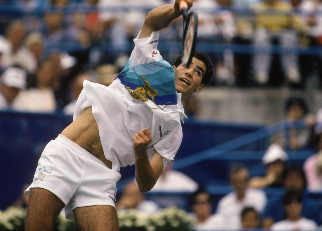 Pete Sampras serves the ball during the 1990 U.S. Open on September 1, 1990 in Flushing Meadow, New York. Sapras went on to defeat Andre Agassi 6-4, 6-3, 6-2 to become the youngest men's champion in the Open's 110 year history.