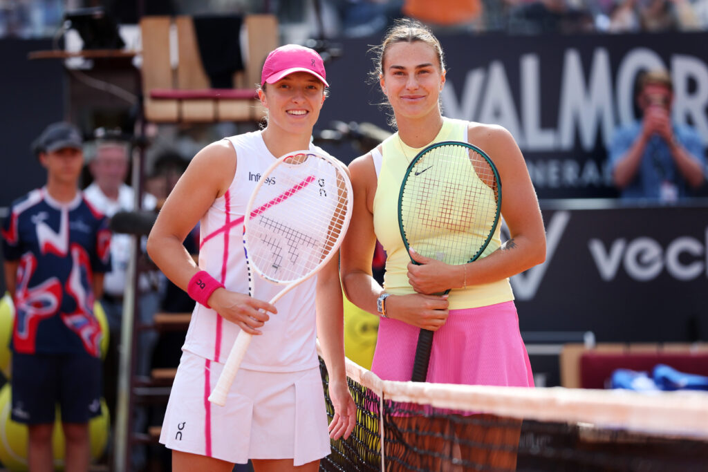 Iga Swiatek of Poland and Aryna Sabalenka pose at the net before their Women's Singles Final Match during Day 13 of the Internazionali BNL D'Italia 2024 at Foro Italico on May 18, 2024 in Rome, Italy.