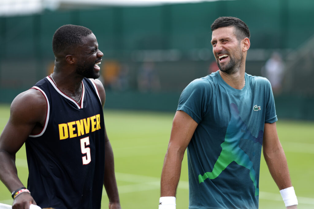 Novak Djokovic and Frances Tiafoe laugh