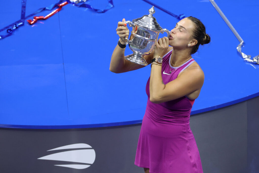 Aryna Sabalenka of Belarus celebrates with the winners trophy after defeating Jessica Pegula of the United States to win the Women's Singles Final on Day Thirteen of the 2024 US Open at USTA Billie Jean King National Tennis Center on September 07, 2024 in the Flushing neighborhood of the Queens borough of New York City.