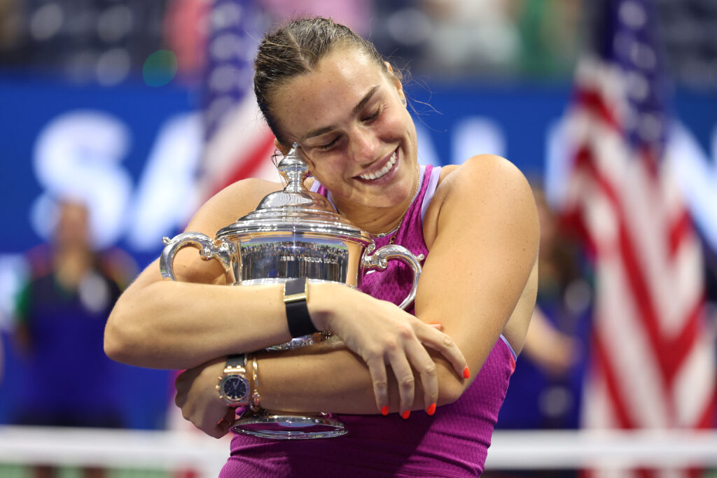 Aryna Sabalenka of Belarus celebrates with the winners trophy after defeating Jessica Pegula of the United States to win the Women's Singles Final on Day Thirteen of the 2024 US Open at USTA Billie Jean King National Tennis Center on September 07, 2024 in the Flushing neighborhood of the Queens borough of New York City.