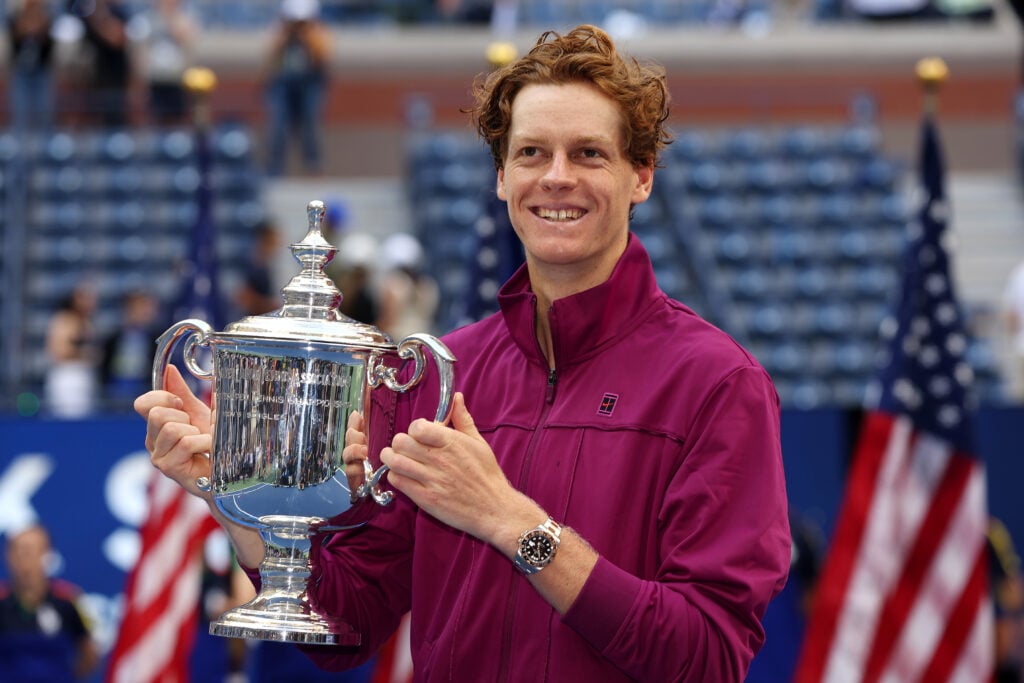 Jannik Sinner of Italy celebrates with the winners trophy after defeating Taylor Fritz of the United States to win the Men's Singles Final on Day Fourteen of the 2024 US Open at USTA Billie Jean King National Tennis Center on September 08, 2024 in the Flushing neighborhood of the Queens borough of New York City.