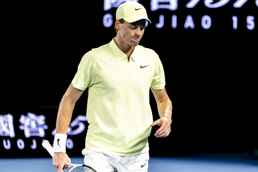 Jannik Sinner of Italy shows his frustration during the Quarterfinals of the 2025 Australian Open on January 22 2025, at Melbourne Park in Melbourne, Australia.