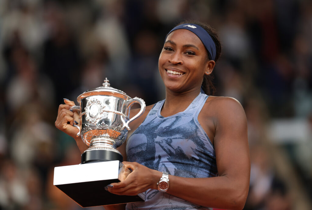 Coco Gauff of United States holds the Coupe Suzanne Lenglen trophy after her victory over Aryna Sabalenka in the Women’s Singles Final match on Day Fourteen of the 2025 French Open at Roland Garros on June 07, 2025 in Paris, France.