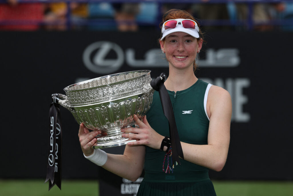 Australia's Maya Joint poses with the trophy after beating Philippines' Alexandra Eala in their women's singles final tennis match on day six of the Lexus Eastbourne International tennis tournament in Eastbourne, southern England, on June 28, 2025. Joint won the match in three sets, 12-10 in a third set tie-break.