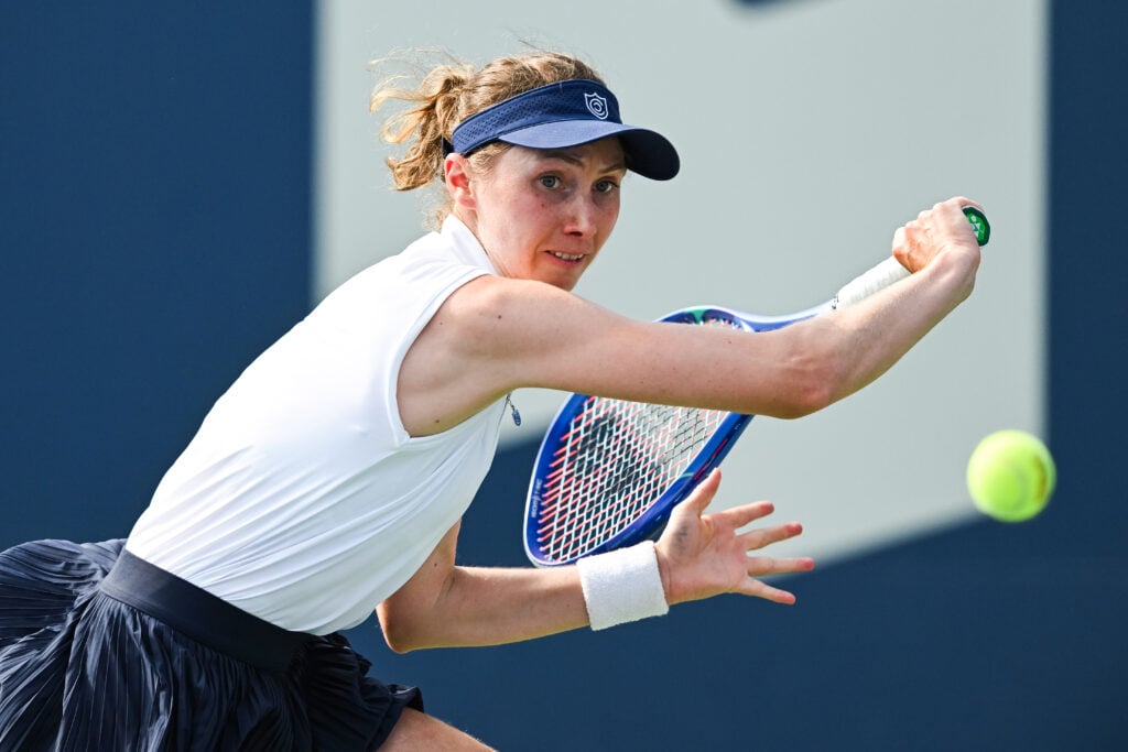 Cristina Bucsa (ESP) returns the ball during a first round match at WTA National Bank Open on July 27, 2025 at IGA Stadium in Montreal, QC