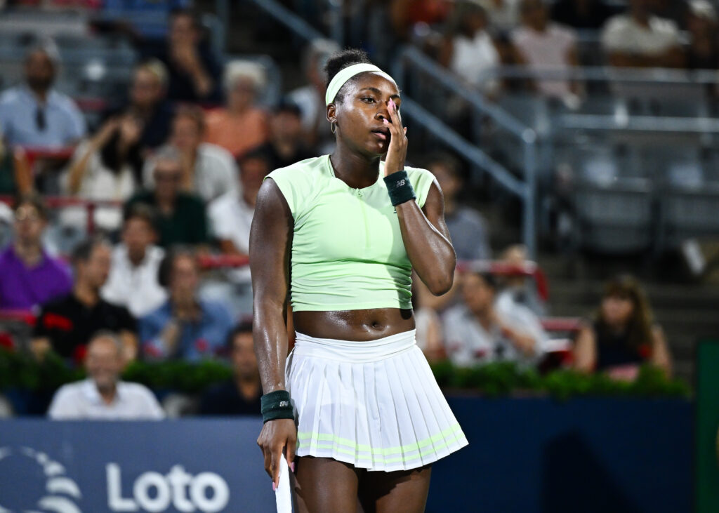 Coco Gauff of the United States reacts after giving up a point against Danielle Collins of the United States during their second round match on Day Three of the WTA 1000 National Bank Open at IGA Stadium on July 29, 2025 in Montreal, Quebec, Canada.