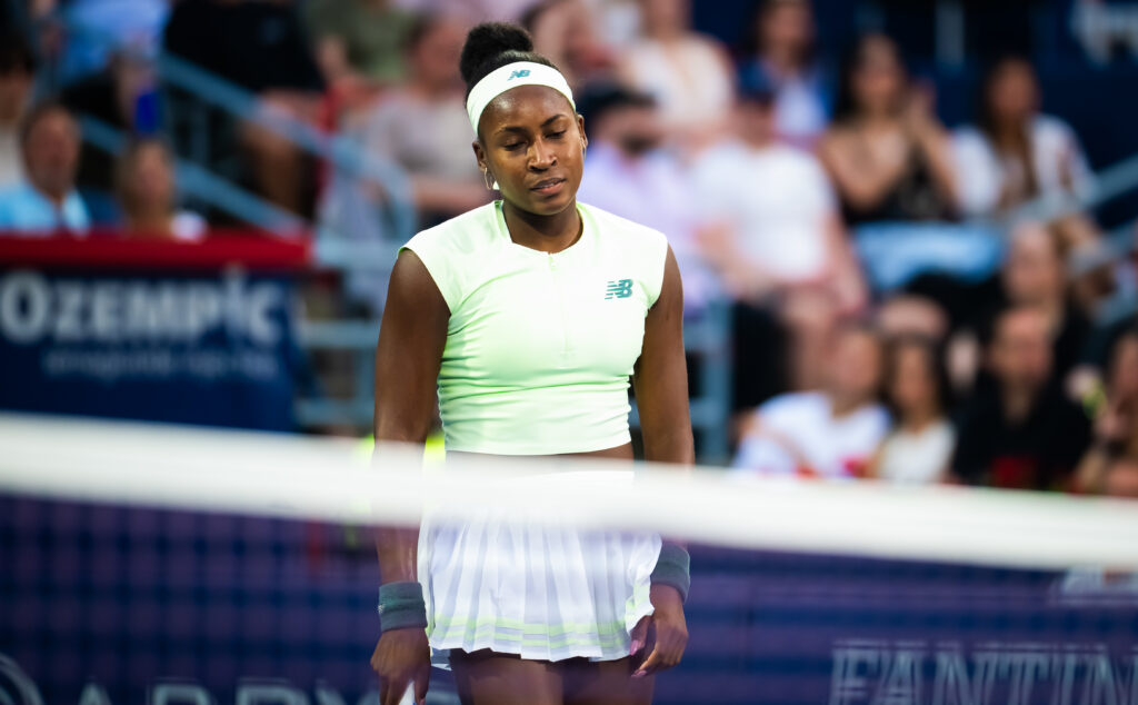 Coco Gauff of the United States in action against Victoria Mboko of Canada in the fourth round of the National Bank Open at Stade IGA on August 02, 2025 in Montreal, Quebec