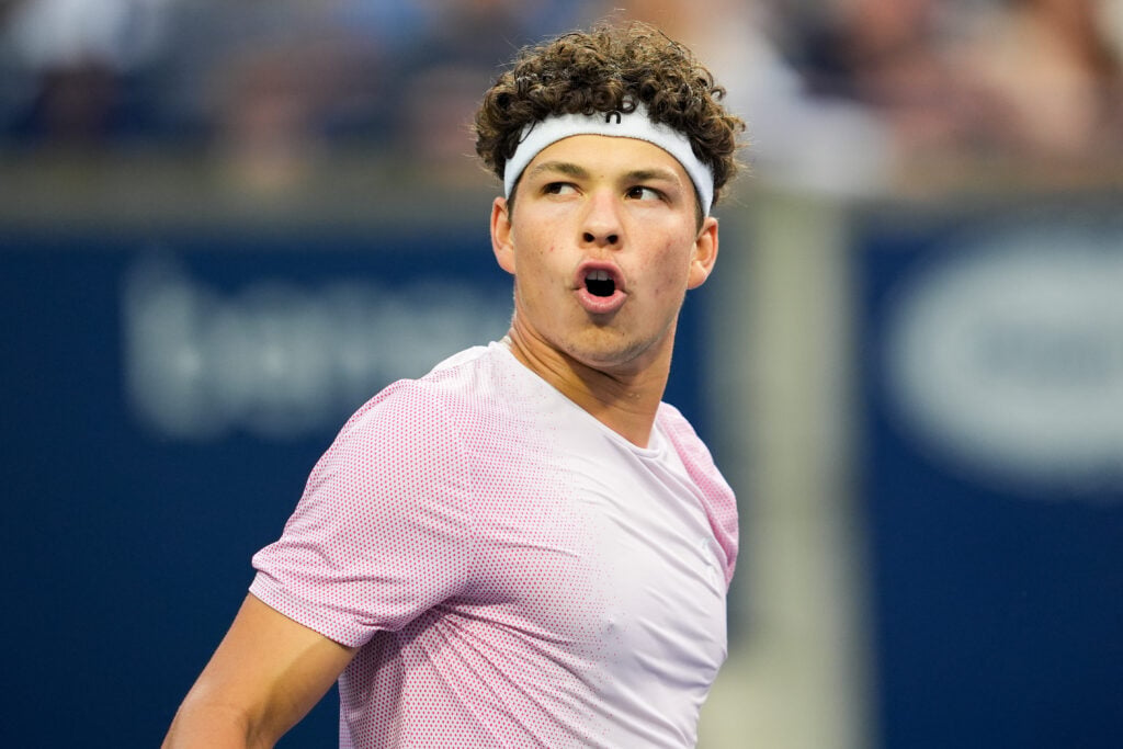 Ben Shelton of the United States reacts while playing against Flavio Cobolli of Italy on day nine of the 2025 National Bank Open at Sobeys Stadium in Toronto, Ontario, Canada on August 3, 2025.