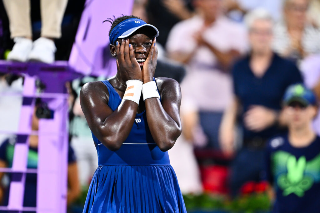 Victoria Mboko of Canada celebrates her victory against Naomi Osaka of Japan during the Women's Singles Final match on day twelve of the WTA 1000 National Bank Open at IGA Stadium on August 7, 2025 in Montreal, Quebec, Canada.