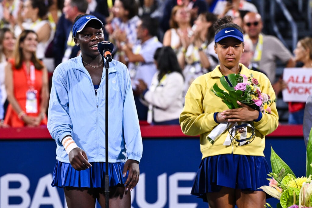 Victoria Mboko of Canada addresses the spectators following her victory against Naomi Osaka of Japan during the Women's Singles Final match on day twelve of the WTA 1000 National Bank Open at IGA Stadium on August 7, 2025 in Montreal, Quebec, Canada.