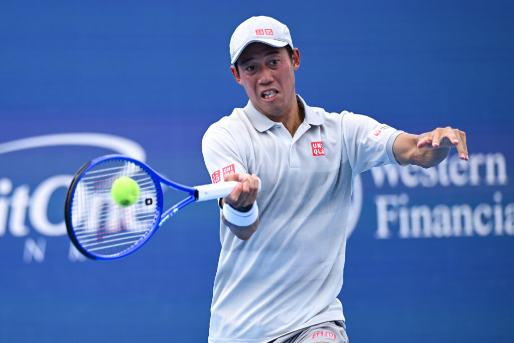 Kei Nishikori of Japan in action against Camilo Ugo Carabelli of Argentina during the Men's Singles First Round match on day two of the Cincinnati Open 2025 at Lindner Family Tennis Center on August 08, 2025 in Mason, Ohio.