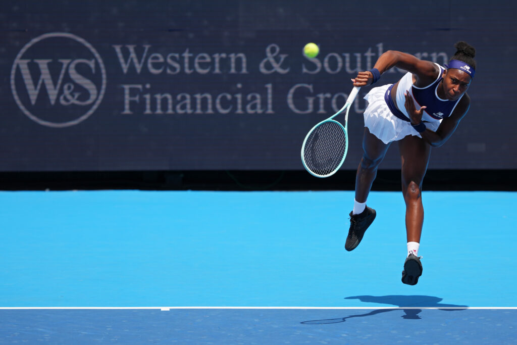Coco Gauff of the United States serves during the match against Xinyu Wang of China during Day 4 of the Cincinnati Open at the Lindner Family Tennis Center on August 10, 2025 in Mason, Ohio.
