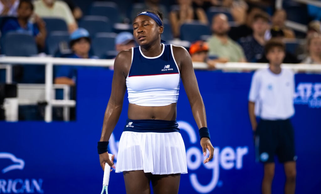 Coco Gauff of the United States in action against Jasmine Paolini of Italy in the quarter-final on Day 9 of the Cincinnati Open at Lindner Family Tennis Center on August 15, 2025 in Mason, Ohio