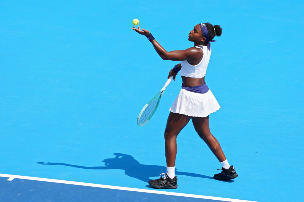 Coco Gauff of the United States serves during the match against Lucia Bronzetti of Italy during Day 8 of the Cincinnati Open at the Lindner Family Tennis Center on August 14, 2025 in Mason, Ohio.
