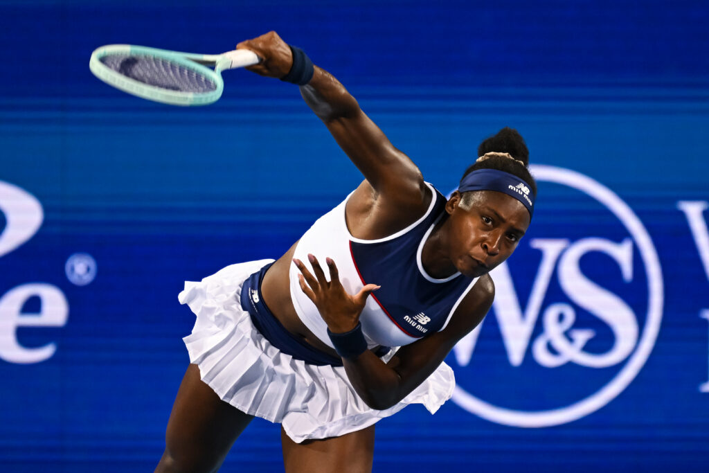 Coco Gauff of the United States in action against Jasmine Paolini of Italy during the Women's Singles Quarterfinal match on day nine of the Cincinnati Open 2025at Lindner Family Tennis Center on August 15, 2025 in Mason, Ohio.