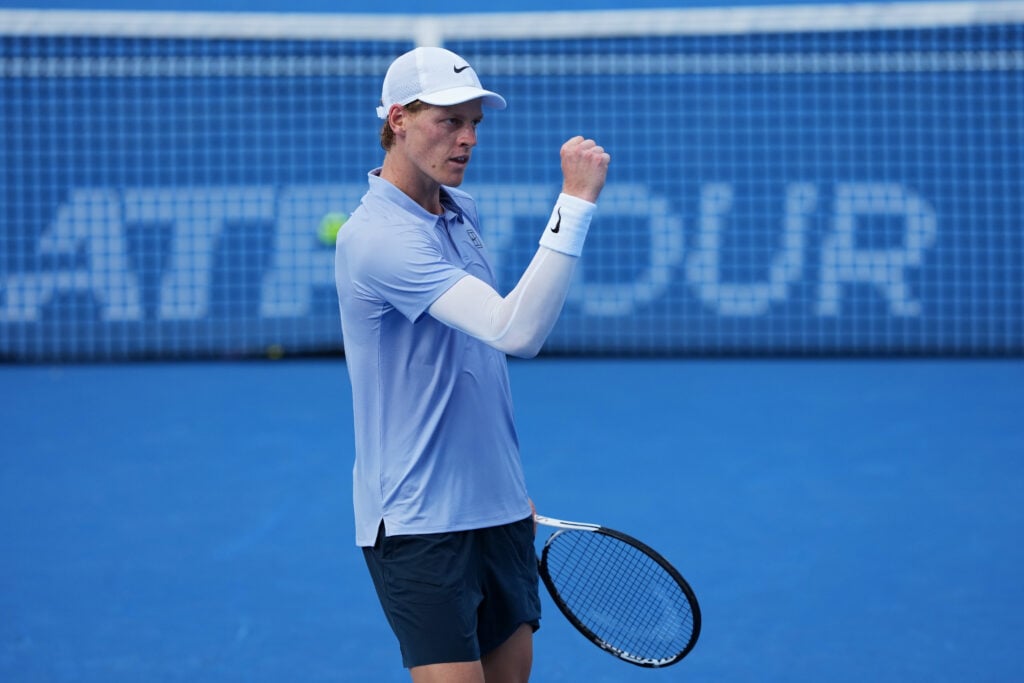Jannik Sinner of Italy celebrates after beating Térence Atmane of France 7-6, 6-2 during Day 10 of the Cincinnati Open at the Lindner Family Tennis Center on August 16, 2025 in Mason, Ohio.