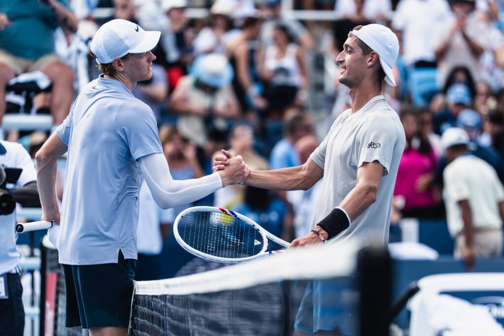 Jannik Sinner of Italy and Terence Atmane of France shakes hand after the semifinals of the men's singles at the Cincinnati Open at Lindner Family Tennis Center on August 16, 2025 in Mason, Ohio.