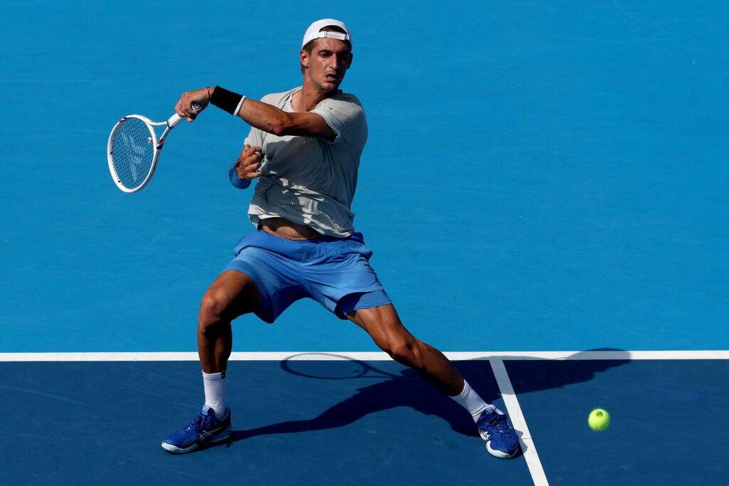 Terence Atmane of France returnsa shot to Jannik Sinner of Italy during the semifinals of the Cincinnati Open at Lindner Family Tennis Center on August 16, 2025 in Mason, Ohio.
