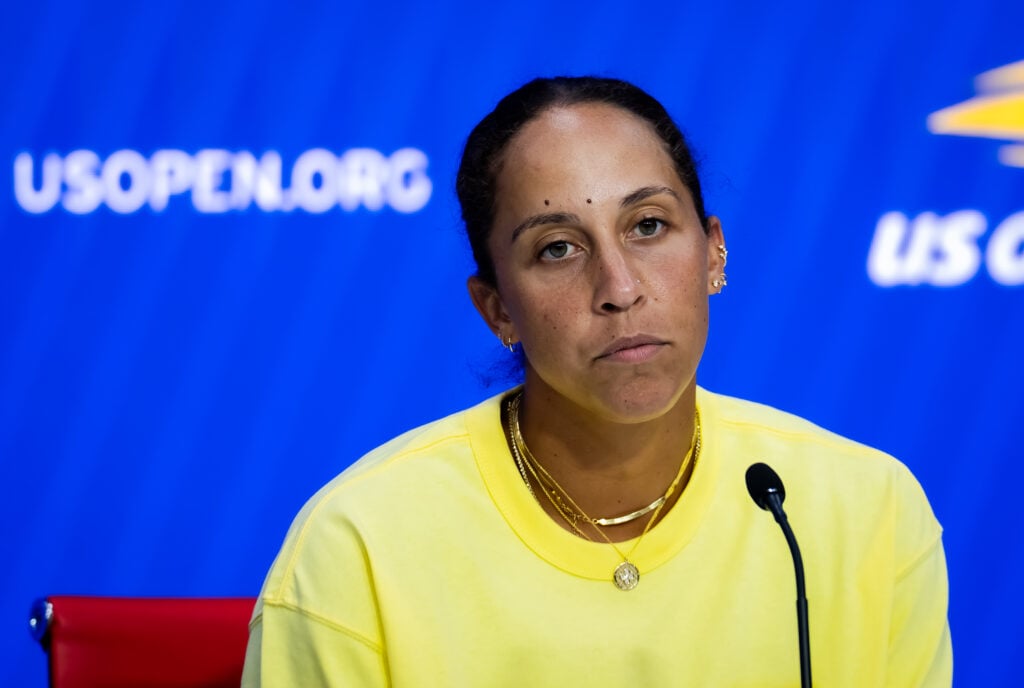 Madison Keys of the United States talks to the press during Media Day ahead of the US Open at USTA Billie Jean King National Tennis Center on August 22, 2025 in New York City