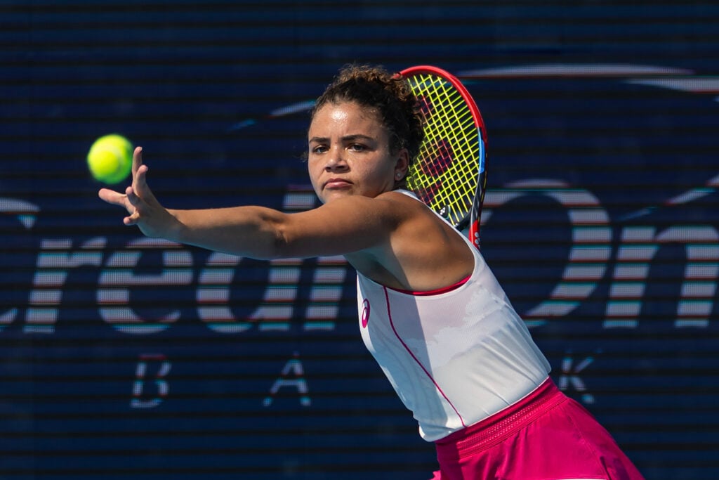 Jasmine Paolini of Italy in action against Veronika Kudermetova of Russia in the semi-finals of the women's singles at the Cincinnati Open at the Lindner Family Tennis Center on August 17, 2025 in Mason, Ohio.