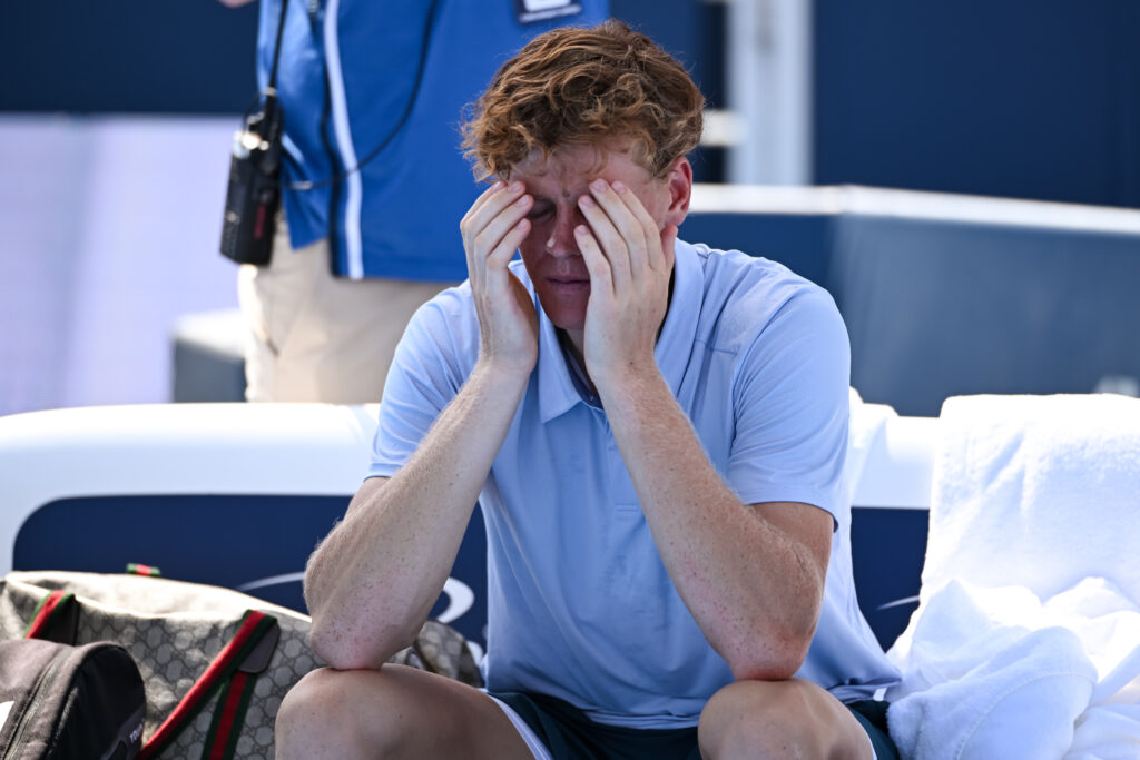 Runner-Up Jannik Sinner of Italy reacts after the Men's Singles Final match against Carlos Alcaraz of Spain on day twelve of the Cincinnati Open 2025at Lindner Family Tennis Center on August 18, 2025 in Mason, Ohio.