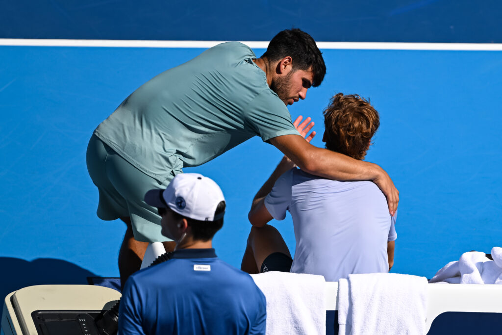 Carlos Alcaraz of Spain and Jannik Sinner of Italy during the Men's Singles Final match on day twelve of the Cincinnati Open 2025 at Lindner Family Tennis Center on August 18, 2025 in Mason, Ohio.