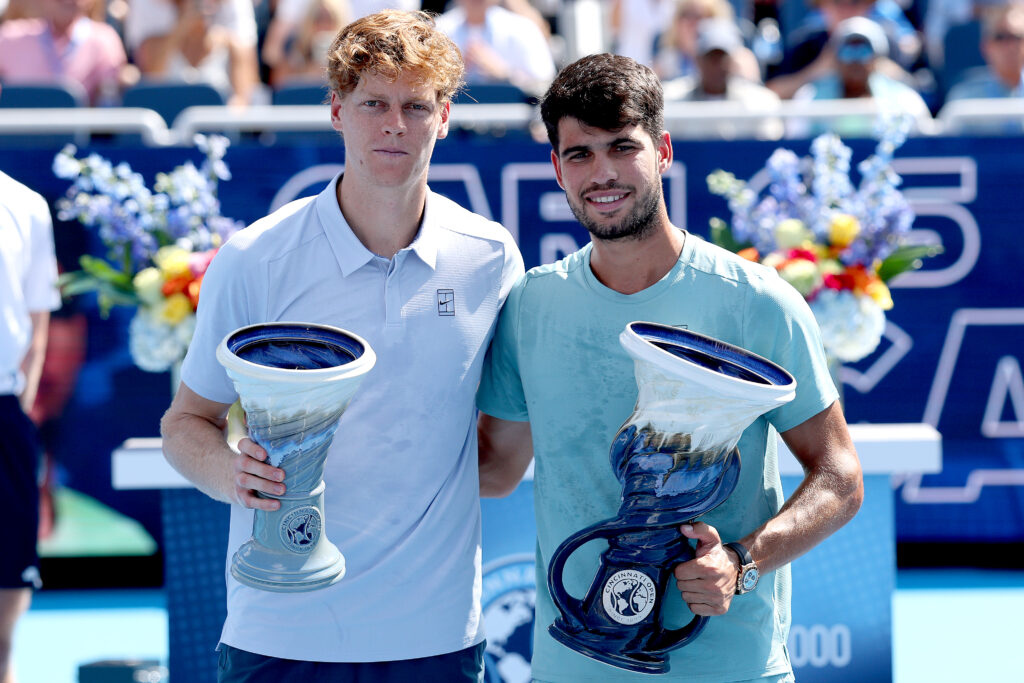 Jannik Sinner of Italy and Carlos Alcaraz of Spain pose with their Rookwood Cups after the men's final of the Cincinnati Open at Lindner Family Tennis Center on August 18, 2025 in Mason, Ohio.