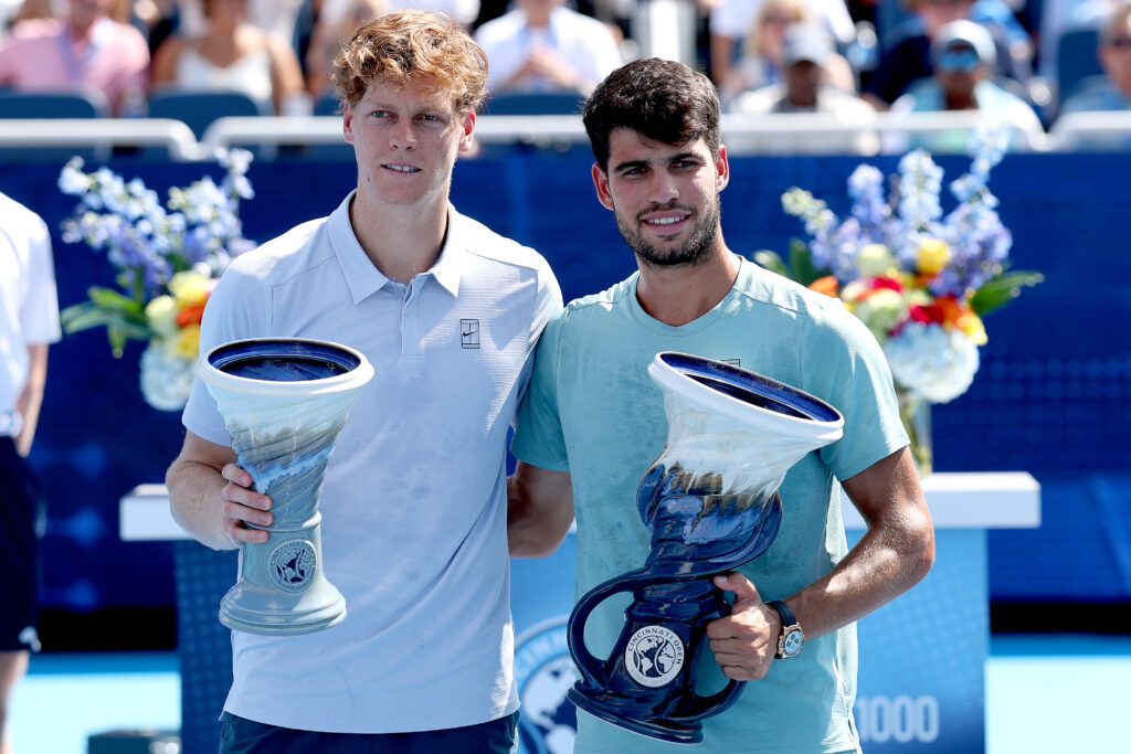 Jannik Sinner of Italy and Carlos Alcaraz of Spain pose with their Rookwood Cups after the men's final of the Cincinnati Open at Lindner Family Tennis Center on August 18, 2025 in Mason, Ohio